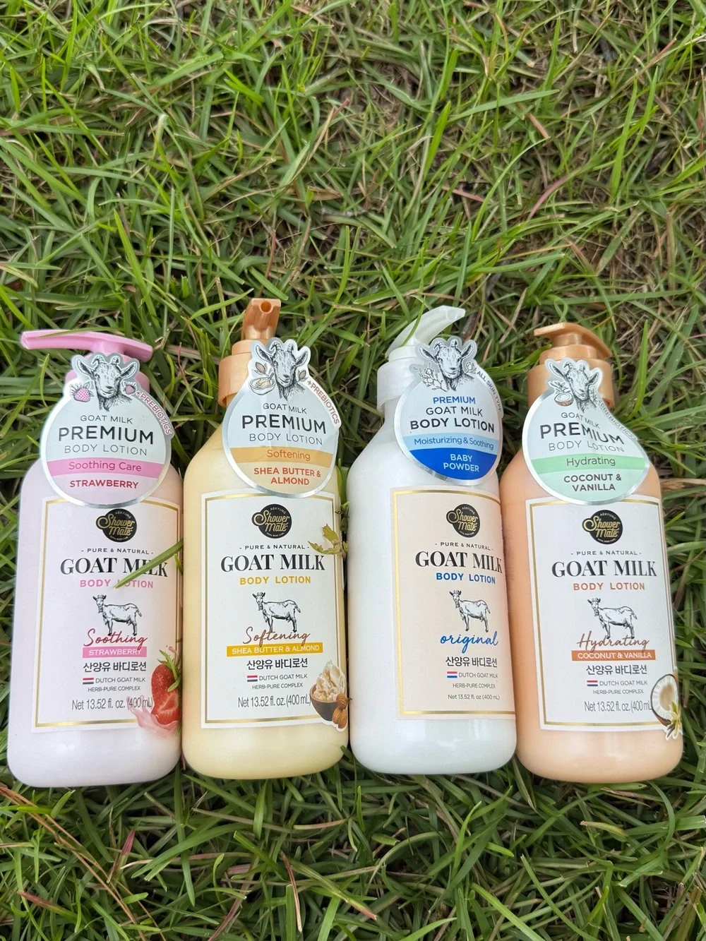 Shower Mate Goat Milk Body Lotion Set 4 Strawberry Coconut Shea Baby Powder
